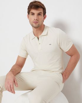 Beige Textured Slim Fit Textured Jersey Polo T-Shirt