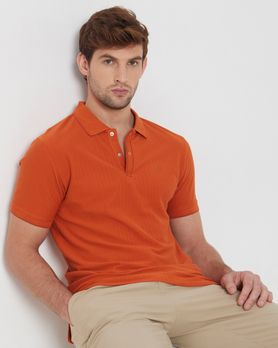 Rust Textured Plain Slim Fit Casual Polo T-Shirt