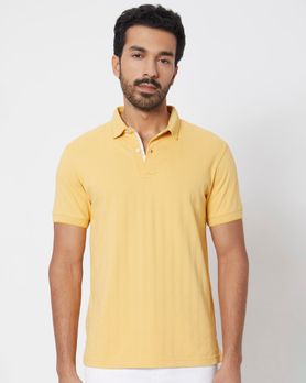 Mustard Textured Plain Slim Fit Polo T-Shirt