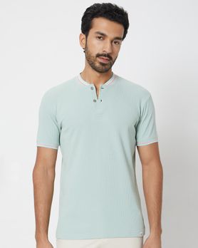 Light Green Textured Tipped Collar Slim Fit Henley T-Shirt