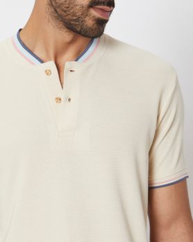 Off White Textured Tipped Collar Slim Fit Henley T-Shirt