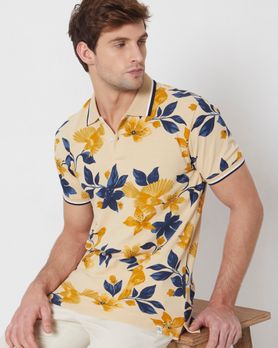 Beige Floral Print Slim Fit Casual Polo