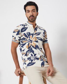 Off White Floral Print Slim Fit Henley T-Shirt