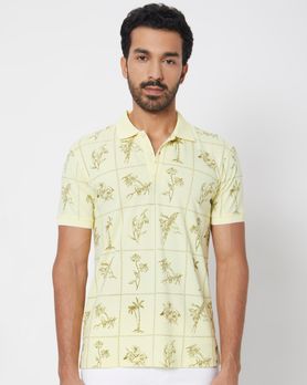 Light Yellow Resort Print Slim Fit Polo T-Shirt
