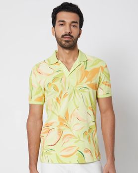 Yellow Leaf Print Slim Fit Polo T-Shirt