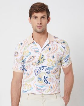 Off White Paisley Print Slim Fit Casual Polo