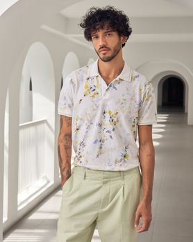 Off White Floral Print Slim Fit Casual Polo