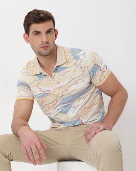 Beige Abstract Print Slim Fit Pique Polo T-Shirt