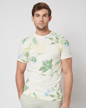 Off White Floral Print Slim Fit Casual T-Shirt