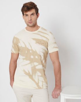 Beige Leaf Print Slim Fit Casual T-Shirt