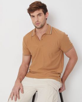 Khaki Textured Tipped Collar Slim Fit Casual Polo