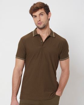 Olive Textured Tipped Collar Slim Fit Casual Polo