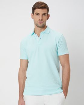 Turquoise Textured Plain Slim Fit Textured Jersey Polo