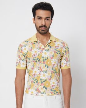 Yellow Floral Print Slim Fit Polo T-Shirt