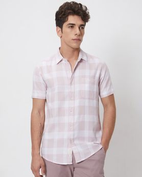 Pink & White Textured Check Slim Fit Casual Shirt