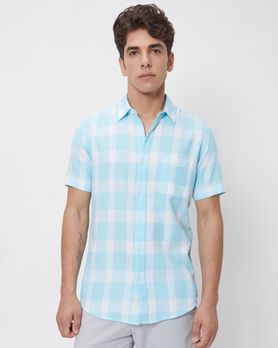Turquoise & White Textured Check Slim Fit Casual Shirt