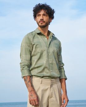 Olive & White Printed Check Slim Fit Casual Shirt