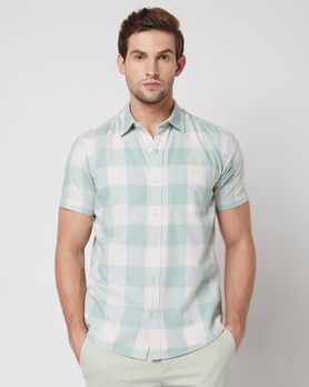 Light Green Textured Check Slim Fit Casual Shirt