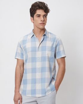 Light Blue Square Check Slim Fit Casual Shirt
