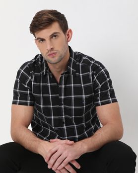 Black Square Check Slim Fit Casual Shirt