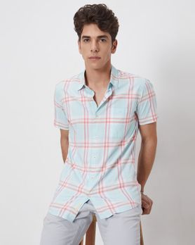Turquoise Large Check Slim Fit Casual Shirt