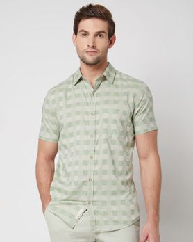 Light Olive Square Check Slim Fit Casual Shirt