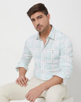 Light Green & White Printed Check Slim Fit Casual Shirt