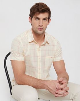Pink Windowpane Check Slim Fit Casual Shirt