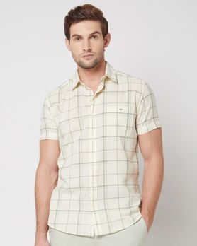 Light Green Windowpane Check Slim Fit Casual Shirt