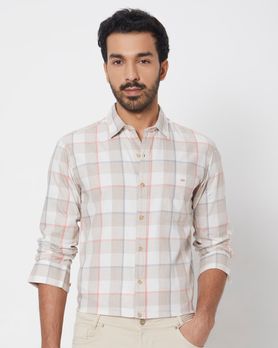 Light Khaki Large Check Slim Fit Casual Shirt