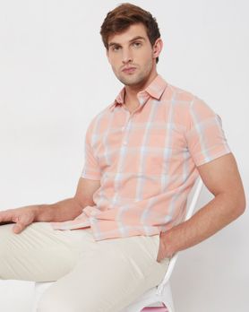 Peach Large Check Slim Fit Casual Shirt