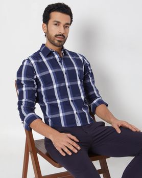 Navy Windowpane Check Slim Fit Casual Shirt