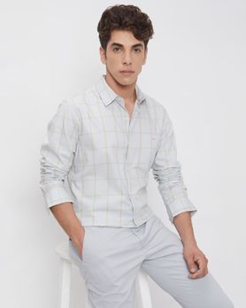 Light Grey Windowpane Check Slim Fit Casual Shirt