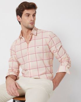 Peach & Light Yellow Printed Check Slim Fit Casual Shirt