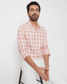 Pink Square Check Slim Fit Casual Shirt