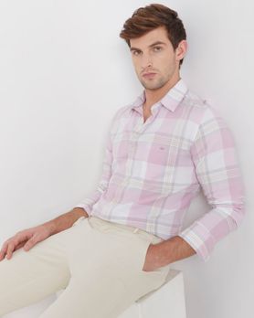 Pastel Pink Large Check Slim Fit Casual Shirt