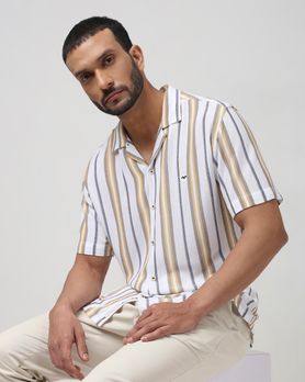 White Textured Stripe Relaxed Fit Casual Shirt