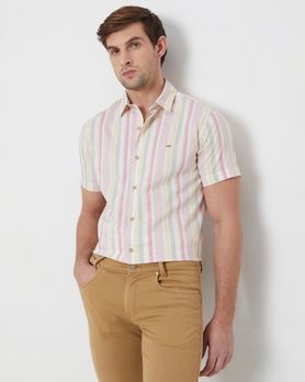 Pastel Pink Printed Stripe Slim Fit Casual Shirt