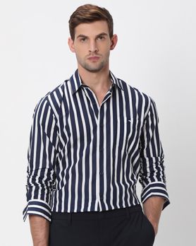 Navy Awning Stripe Slim Fit Casual Shirt