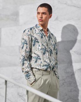 Olive Floral Print Slim Fit Casual Shirt