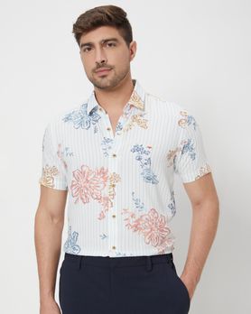 Light Blue Floral Print Slim Fit Casual Shirt