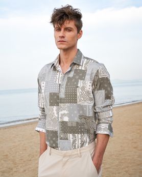 Light Olive Bandana Print Slim Fit Casual Shirt
