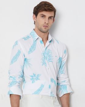 Turquoise & White Leaf Print Slim Fit Casual Shirt