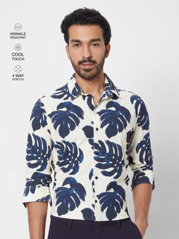 White Leaf Print Slim Fit Casual Shirt