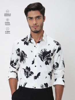 White Abstract Print Slim Fit Casual Shirt