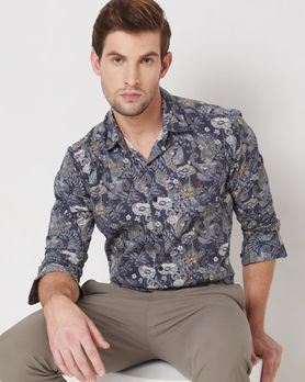 Navy Digital Print Slim Fit Casual Shirt
