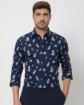 Navy Floral Print Slim Fit Casual Shirt
