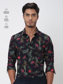 Navy Leaf Print Slim Fit Casual Shirt