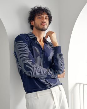 Navy Abstract Print Slim Fit Casual Shirt