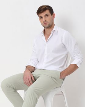 White Stretch Plain Slim Fit Casual Shirt